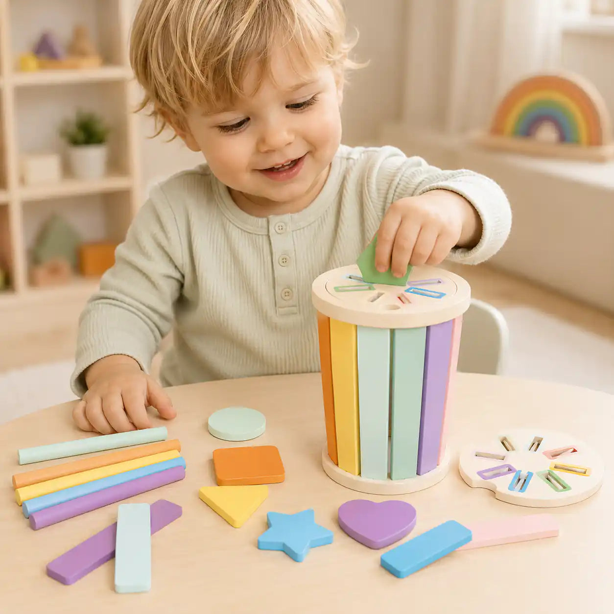 Wooden rainbow sorting cylinder tipped on its side with pastel dowels visible inside, beside a natural cotton drawstring storage bag and shape pieces