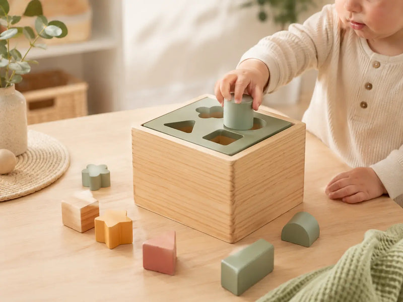 Wooden Montessori sorting toys arranged on a cream background — JuniSprouts sorting collection supporting color and shape recognition for toddlers