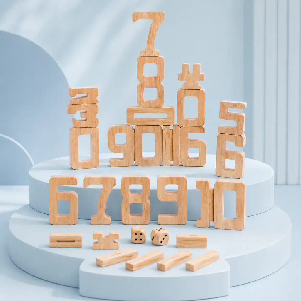 Dimensions diagram for wooden stacking number blocks showing the 1, 5, 6, and 10 pieces with proportional heights and the 2 cm dice