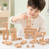 Natural wood stacking number blocks 0 to 10 arranged with math operator pieces and dice on a soft blue Montessori display