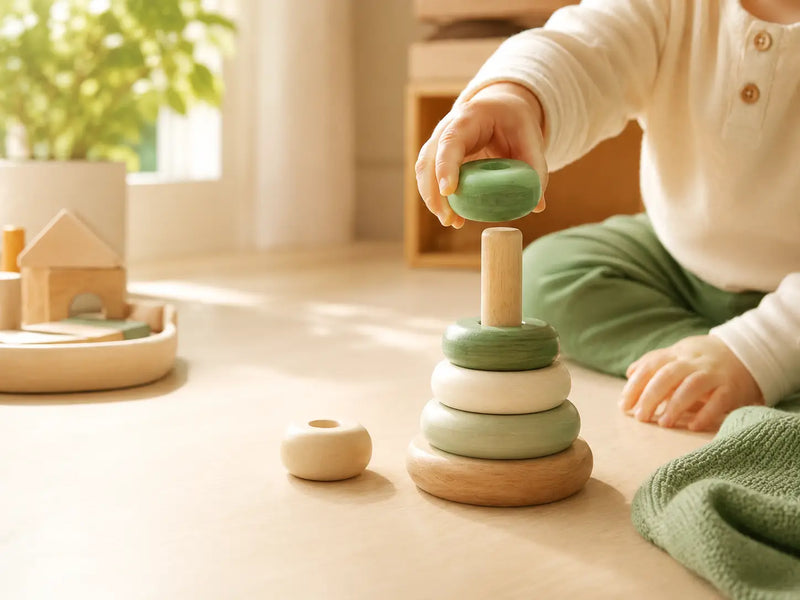 Colorful wooden stacking toys styled on a cream backdrop — JuniSprouts stacking collection supporting balance, coordination, and fine motor skills