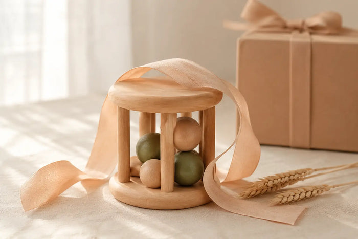 Montessori-inspired wooden toddler toy wrapped as a gift with peach ribbon on cream linen — JuniSprouts gifts under $25 for ages 1–4.