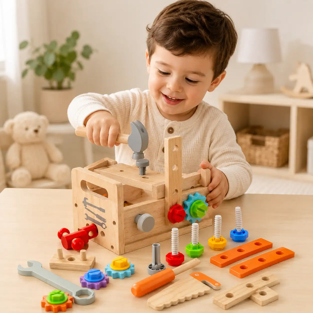 Built-in activity panel on the wooden toddler tool box with spinning gears, hammering peg and drill socket