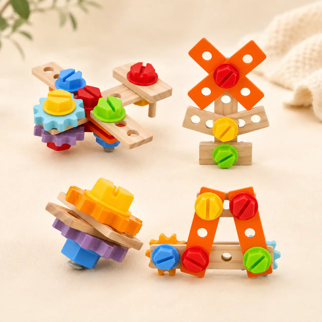 Wooden toddler tool box airplane build assembled from gears and wooden plates
