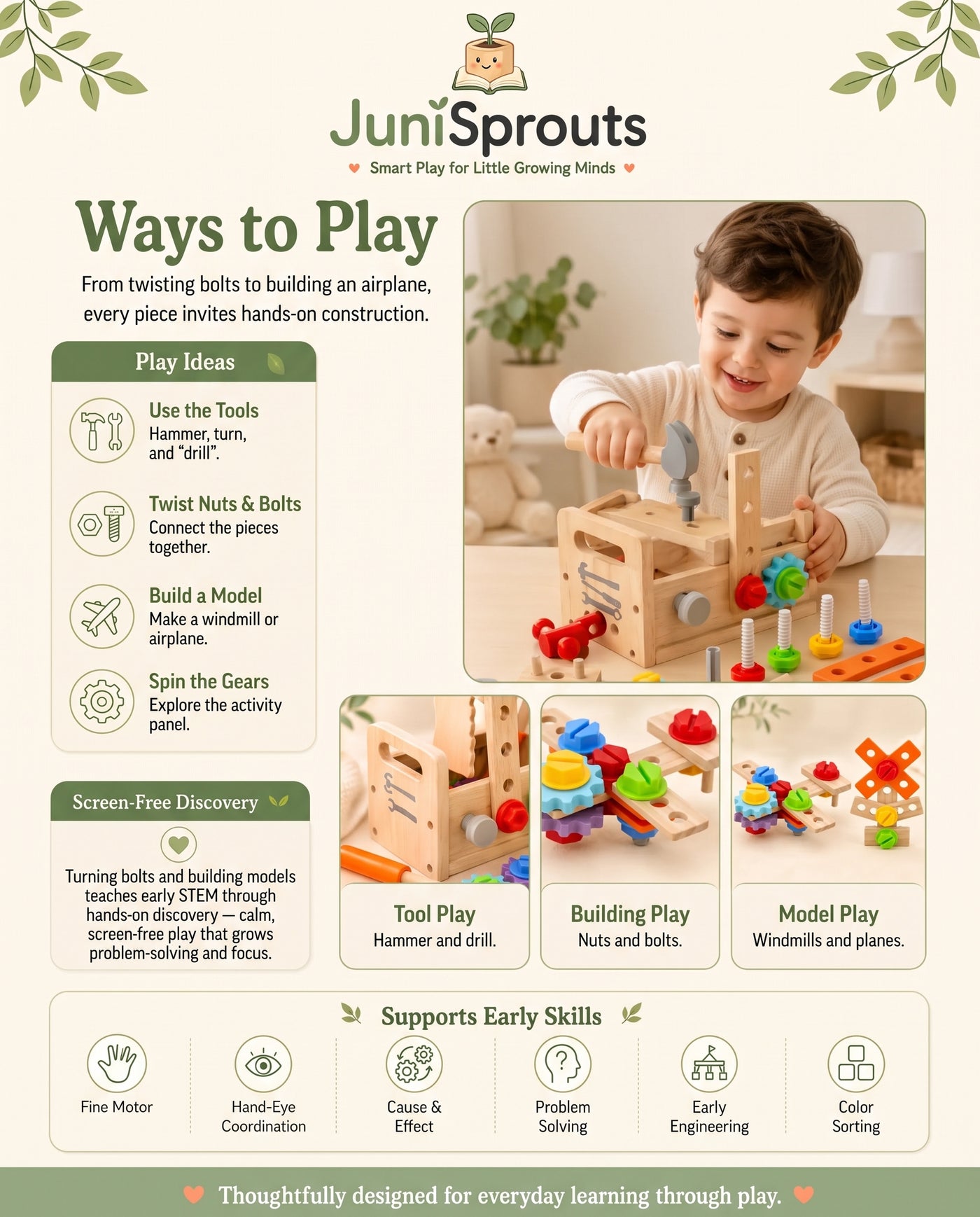 Wooden Toddler Tool Box ways to play and early skills
