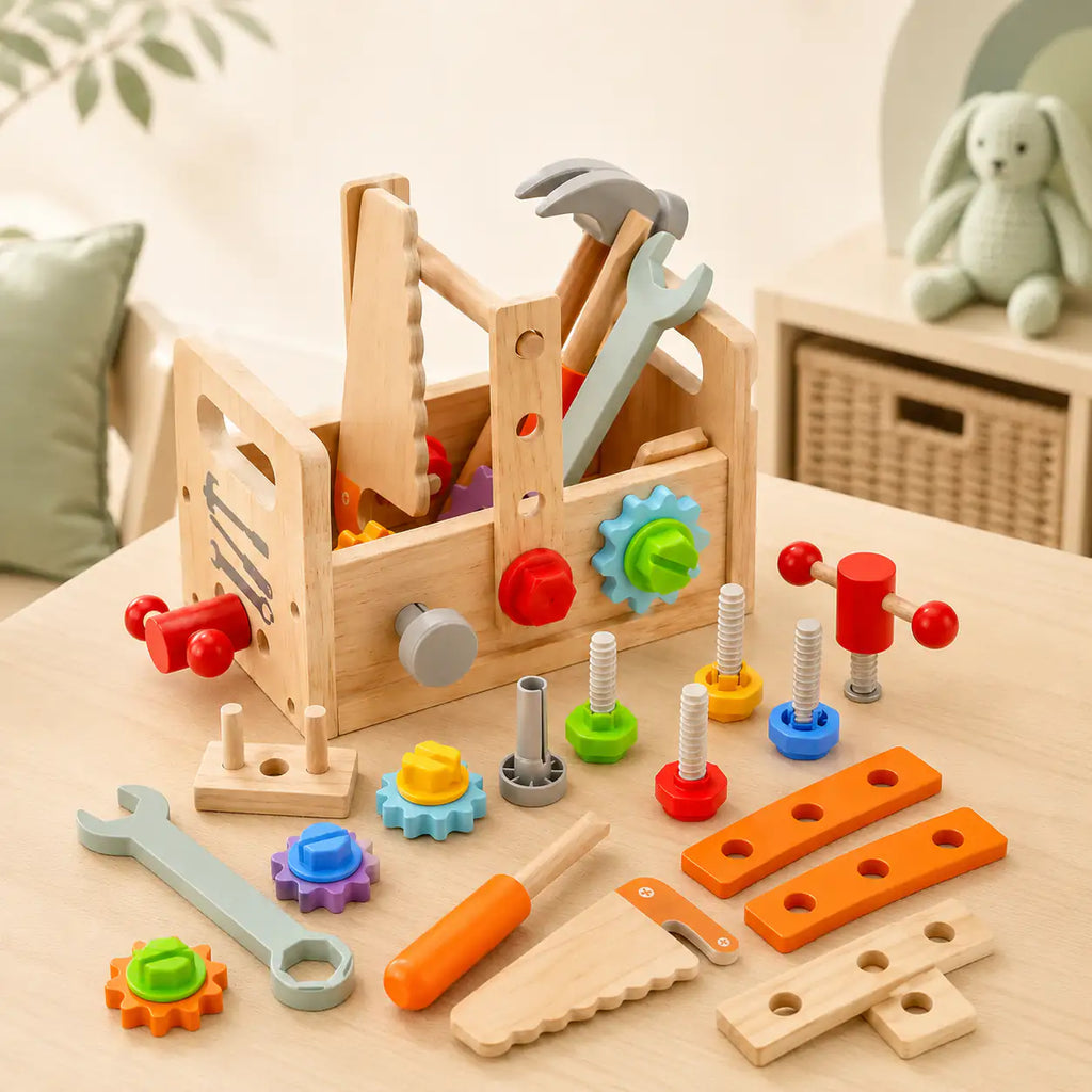 Wooden toddler tool box styled in a calm Montessori-inspired playroom