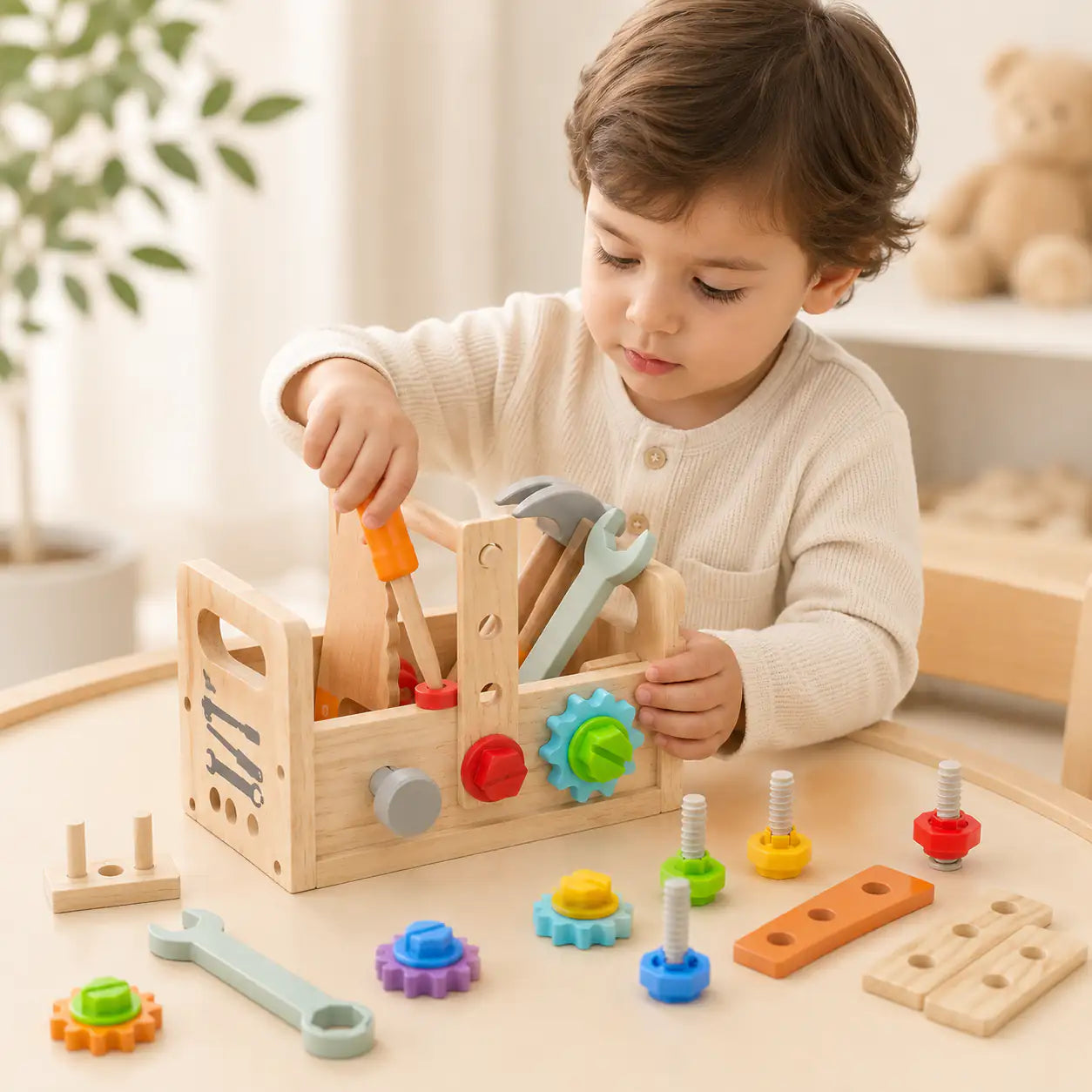 Wooden toddler tool box with size dimensions shown including carry handles
