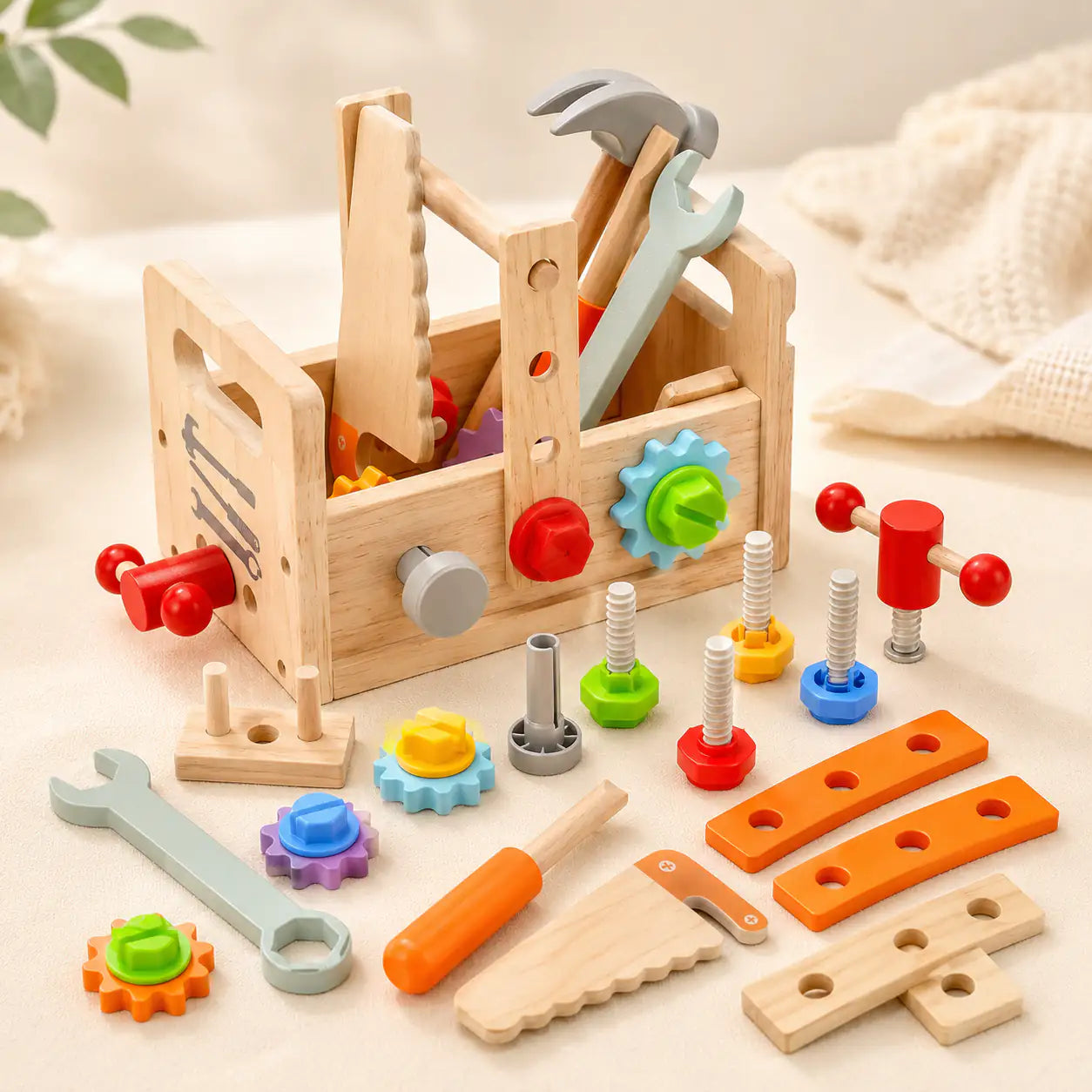 Wooden toddler tool box with pretend tools, gears, nuts and bolts on a cream background