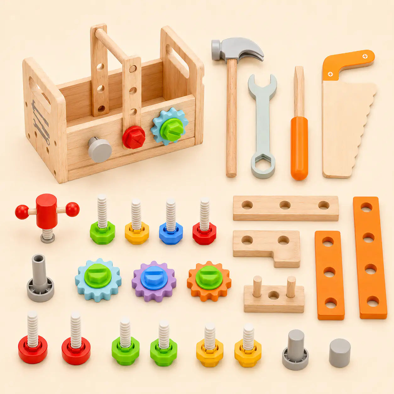 Toddler hands using the wooden hammer and screwdriver from the toddler tool box