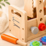 Wooden toddler tool box windmill build made from construction plates, nuts and bolts