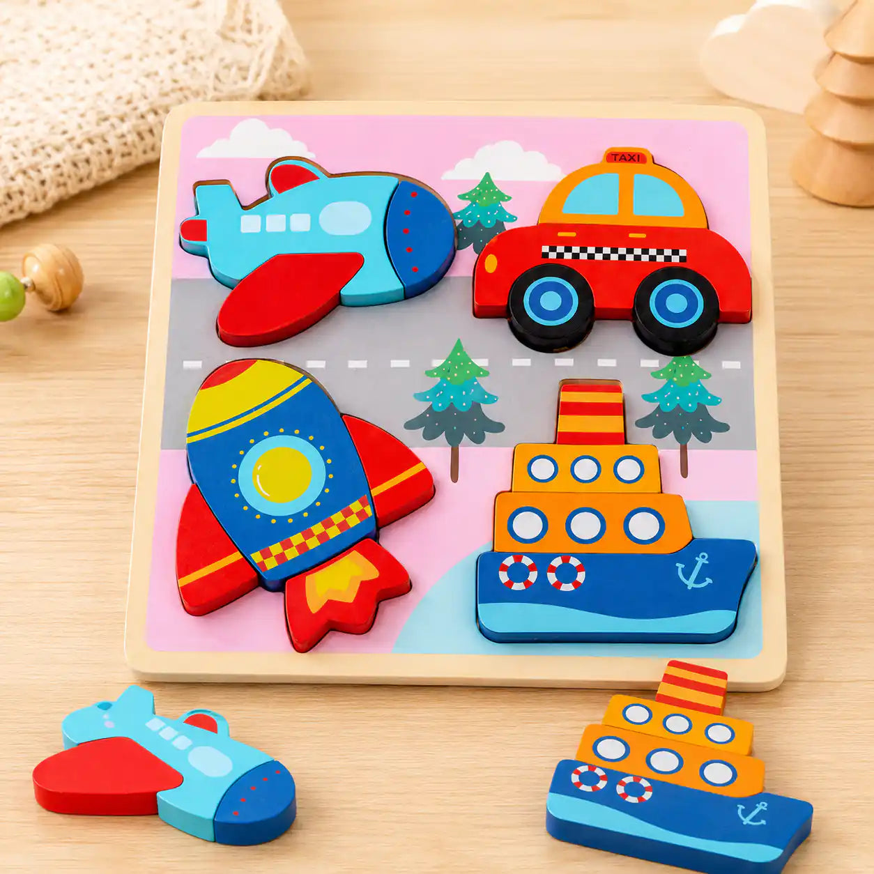 Wooden vehicles chunky puzzle board for toddlers with airplane, taxi, rocket, and ship pieces Montessori first puzzle